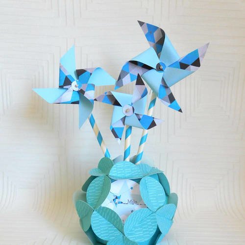 Moulins à vent et son vase déco en origami thème: étoiles, personnalisables