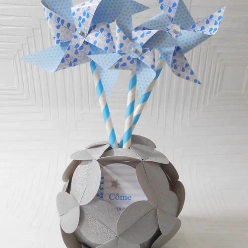 Moulins à vent personnalisables et son vase décoratif en origami, bleu, blanc et gris