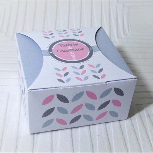  boites à dragées carrées personnalisables, graphisme, gris, blanc et rose: lot de 10 boites