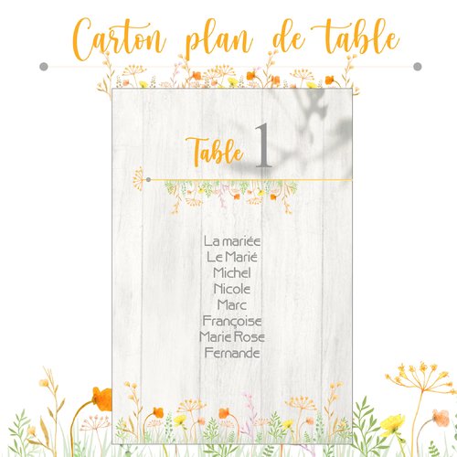 Carton plan de table mariage personnalisé champêtre  - carte plan de table - fond bois et fleurs