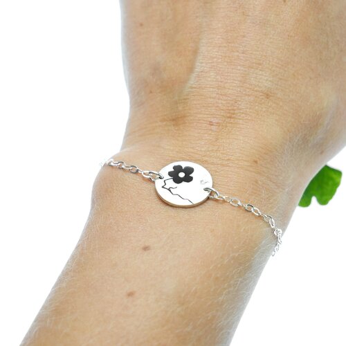 Bracelet ajustable fleur de cerisier noire en argent massif 925/1000