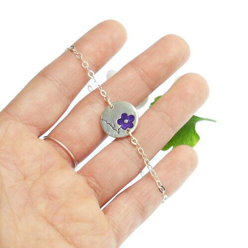 Bracelet ajustable fleurs de cerisier en argent massif 925/1000 et résine violette sakura