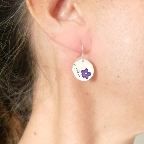 Boucles d'oreilles en argent 925/1000 rondes fleur de cerisier violette pendantes