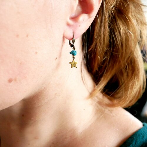 Boucles d'oreilles pendantes étoile et turquoise en bronze vieilli minimalistes