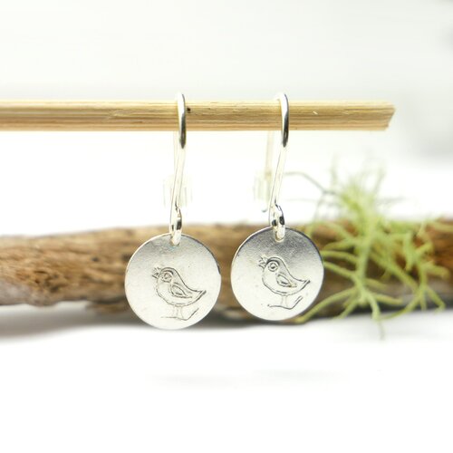 Boucles d'oreille pendantes en argent 925/1000 minimalistes motif oiseau