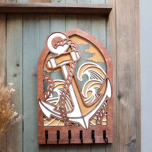 Porte-clés mural ancre en bois