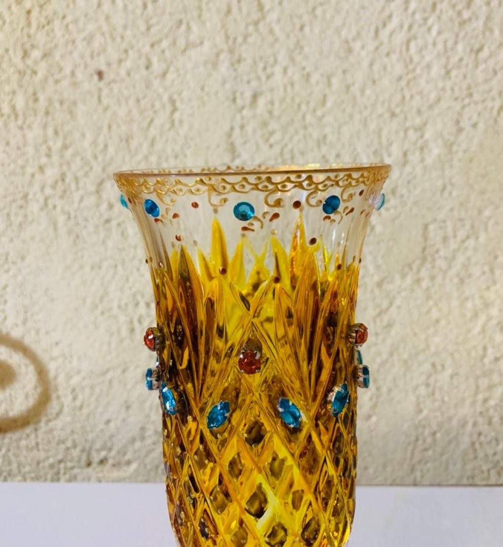 Vase en verre style shabby chic fleuri, peinture sur verre, objet