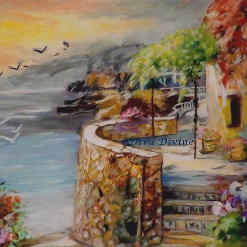 La terrasse - tableau paysage, mer, maison
