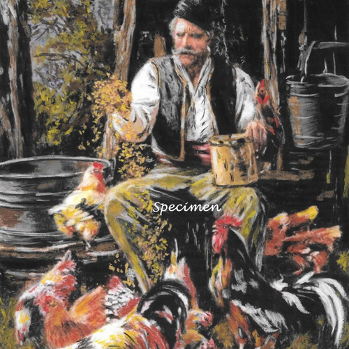 Léon - tableau homme campagne romantique, coq, poules, pastel sec