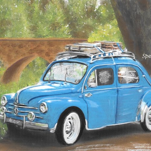 Tableau voiture 4cv rétro, vintage, paysage, pastel sec (craie)