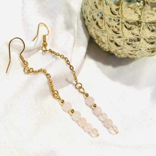 Boucles d’oreilles en quartz rose, boucles d'oreilles pierre naturelle, bijoux femme, lithothérapie, cadeau femme, bijoux acier inoxydabl