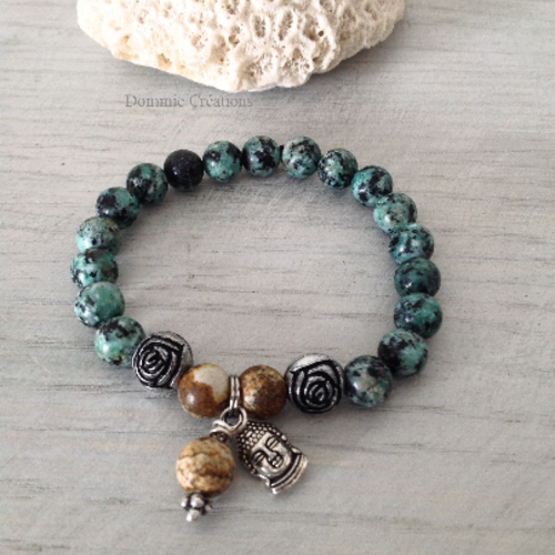 Bracelet mala unisex, perles jaspe paysage, turquoise africaine