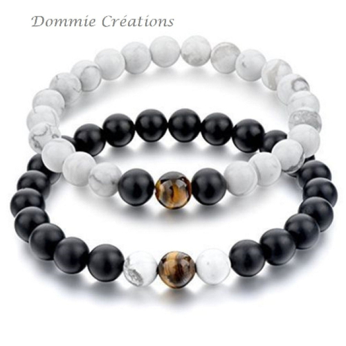 Bracelets de distance en howlite blanche, agathe noire et oeil de tigre, perles naturelles