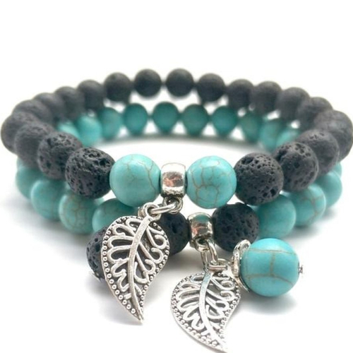 Duo de bracelets en perles naturelles , turquoise ,pierre de lave, femme 