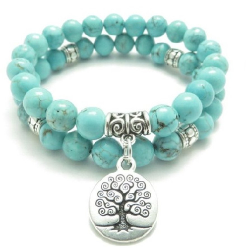 Duo de bracelets en perles naturelles , turquoise , arbre de vie, femme 