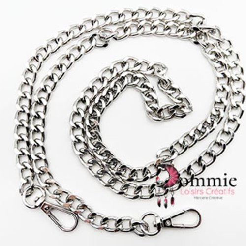 Chaine pour  pochette,  sac à main en métal - 110 cm argent avec mousqueton
