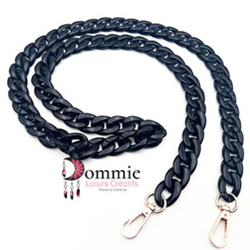 Chaine en résine pour anses ou bandoulière de sac  x 120 cm  noir avec mousquetons or