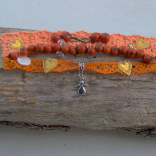 Bracelet, manchette infini à 3 rangs coloris orange