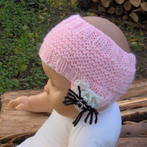 Cache oreille, headband bébé rose, accessoire d'hiver,bandeau tricot, bandeau appliqué au crochet, motif chat, panthère