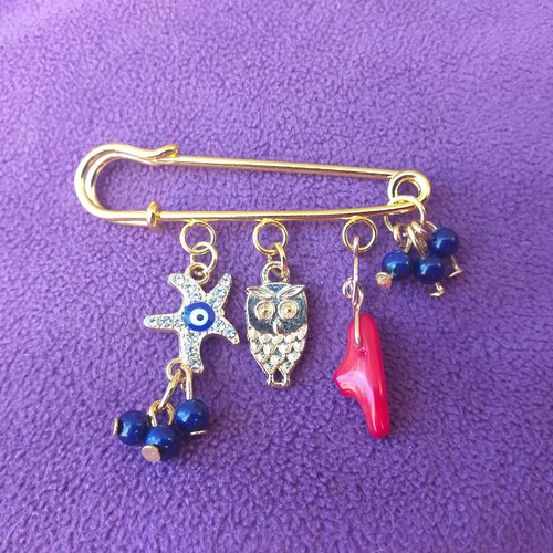 Broche épingle porte bonheur étoile mauvais oeil turc bleu avec strass, bijoux corail rouge, breloque hibou et perles naturelles