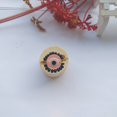 Bague porte bonheur turc, mauvais oeil, rose pâle, pour femmes, perles de rocaille noires, fait main