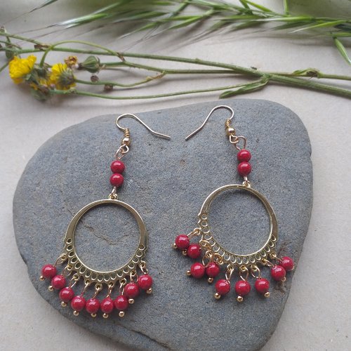 Boucles d'oreilles bohème en perles de corail rouge pour femmes, adolescentes, forme ronde.