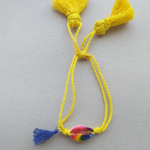 Bracelet bohème d'été jaune en coton, en coquillage cauri multicolore, pendentif pompon bleu marine