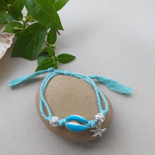 Bracelet bohème, bracelet d'été turquoise en coton, cauri bleu turquoise, pendentif étoile de mer, perles strass en acier inoxydable