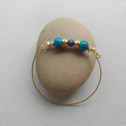 Bracelet jonc or acier inoxydable, très chic, perles naturelles vert émeraude et bleue pour femmes, cadeau, fêtes