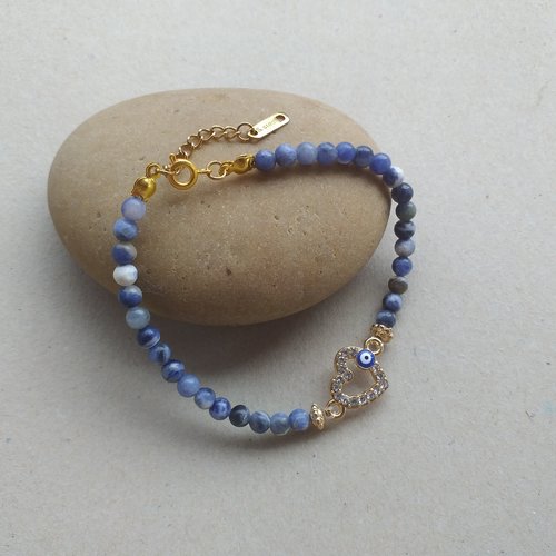 Bracelet en perles rondes sodalite bleues en pierres naturelles, connecteur coeur en strass et oeil turc pour femmes, filles