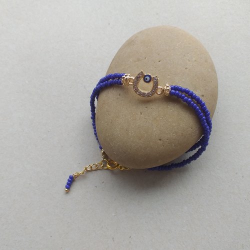 Bracelet en perles de rocaille bleu foncé connecteur fer à cheval avec oeil turc en strass doré pour femmes, filles