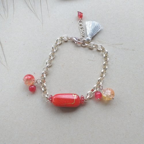 Bracelet bohème en acier inoxydable argent, perles en verre, perles agathe et porcelaine rouge fantaisie.