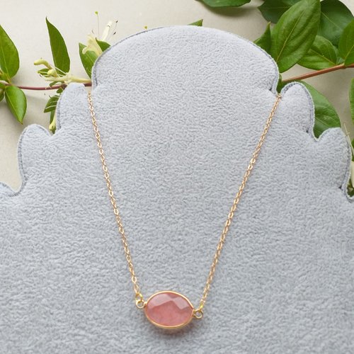 Ras de cou pendentif connecteur cristal, quartz rose saumoné, chaîne à maillons en acier inoxydable couleur or