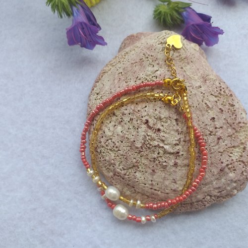 Bracelet bohème perles de rocaille or, vieux rose, perles d'eau douce, double rangs, pour femmes, filles.