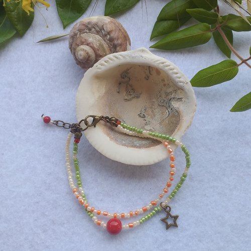 Bracelet vintage monté sur perles de rocaille pastel, multicolore et corail, breloque étoile bronze pour femmes