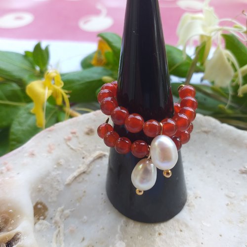 Bague ajustable en pierres naturelles rouges et perles d'eau douce ovales pour femmes, filles.