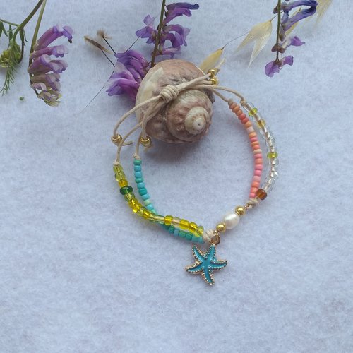 Bracelet ajustable coton ciré écru, perle d'eau douce, de rocaille, breloque étoile de mer pour femmes