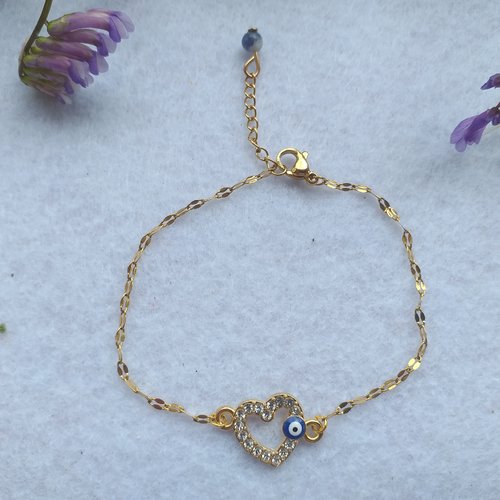 Bracelet coeur strass doré avec oeil turc bleu, chaîne maillon plat en acier inoxydable or pour femmes, filles.