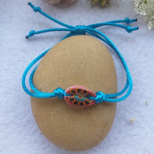 Bracelet d'été, bracelet de plage, cauri imprimé fleur, en fil satin nylon soyeux bleu turquoise pour femmes, filles.