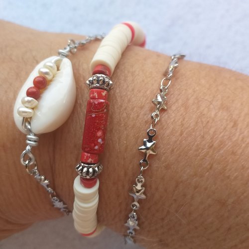 Ensemble de  bracelets pour femme, bohème en acier inoxydable argent, perles heishi, corail, perles d'eau douce, cauri