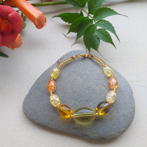 Bracelet d'été en perles de verre ambré, saumon et jaune, perles de rocailles or pour femme, jeune fille.