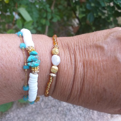 Lot de 3 bracelets pour femme, jeune fille, en perles naturelles, d'eau douce, coquillage, bijoux tendance estivale