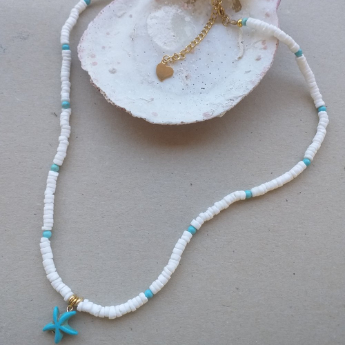 Ras de cou, collier court en perles de coquillage blanc, perles howlite  bleues, pendentif étoile de mer en howlite, collier surfeur femmes