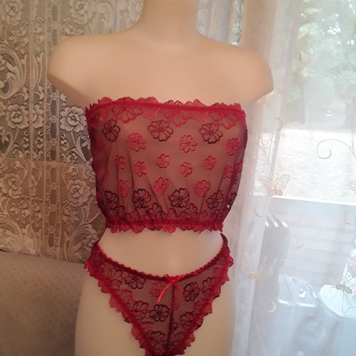 Ensemble lingerie caraco +culotte string en dentelle broderie sur tulle rouge/bordeaux taille m 40/42