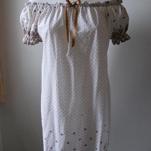 Robe tunique en coton brodé de fleurs et pois marron taille 38/40/42 longueur 88 cm.