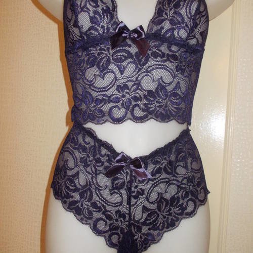 Ensemble lingerie caraco+boxer en dentelle  extensible violet taille 38/40