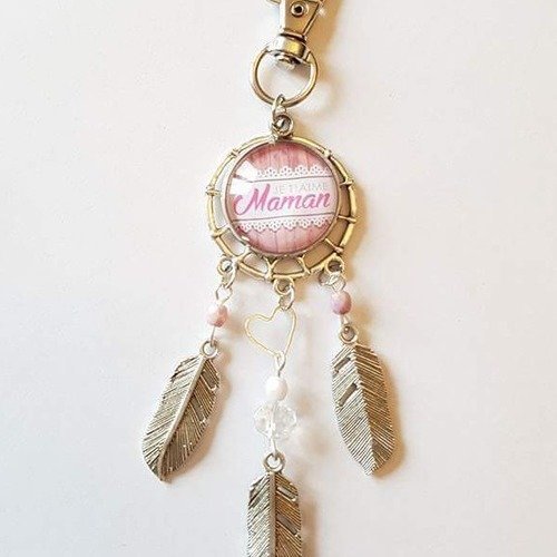 Porte-clef maman rose et blanc attrape rêves coeur plume idée cadeau noël fête des mères anniversaire destockage