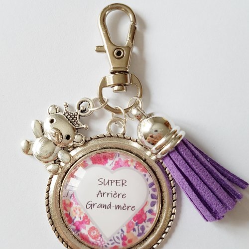 Porte-clés super arrière grand mère pompon violet liberty rose ours peluche  idée cadeau annonce naissance 