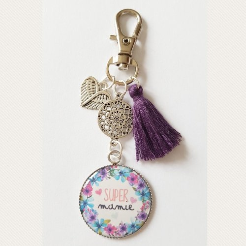 Porte-clés "super mamie" coeur ailes d'ange  pompon violet idée cadeau anniversaire noël fêtes grand mère  