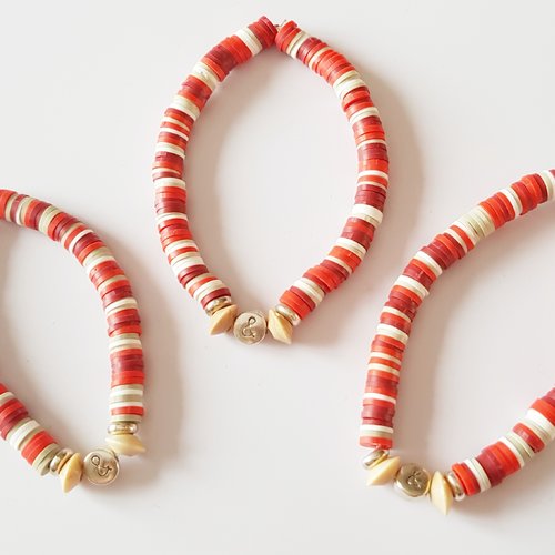 Trio mere / fils / fille bracelets heishi rouge blanc elastique - idée cadeau fête des mères anniversaire maman enfant 